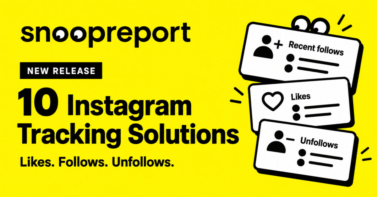 Snoopreport announces 10 Instagram tracking solutions, illustrated with cards for recent follows, likes, and unfollows.